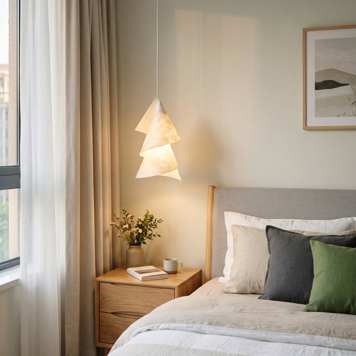 Talbot Geometric Paper Pendant Light lit glow